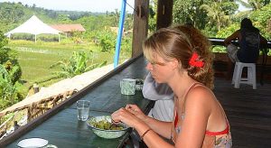 Eat in silence, slowly, tasting fully each bite watching the rice fields – 360 degree view.