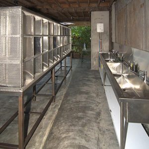 Ashram Style: wash your own dishes in the stainless sinks and drying rack