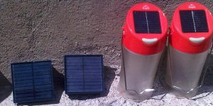 Solar packs for the desk lights and lanterns for the pathways catching their recharging rays.